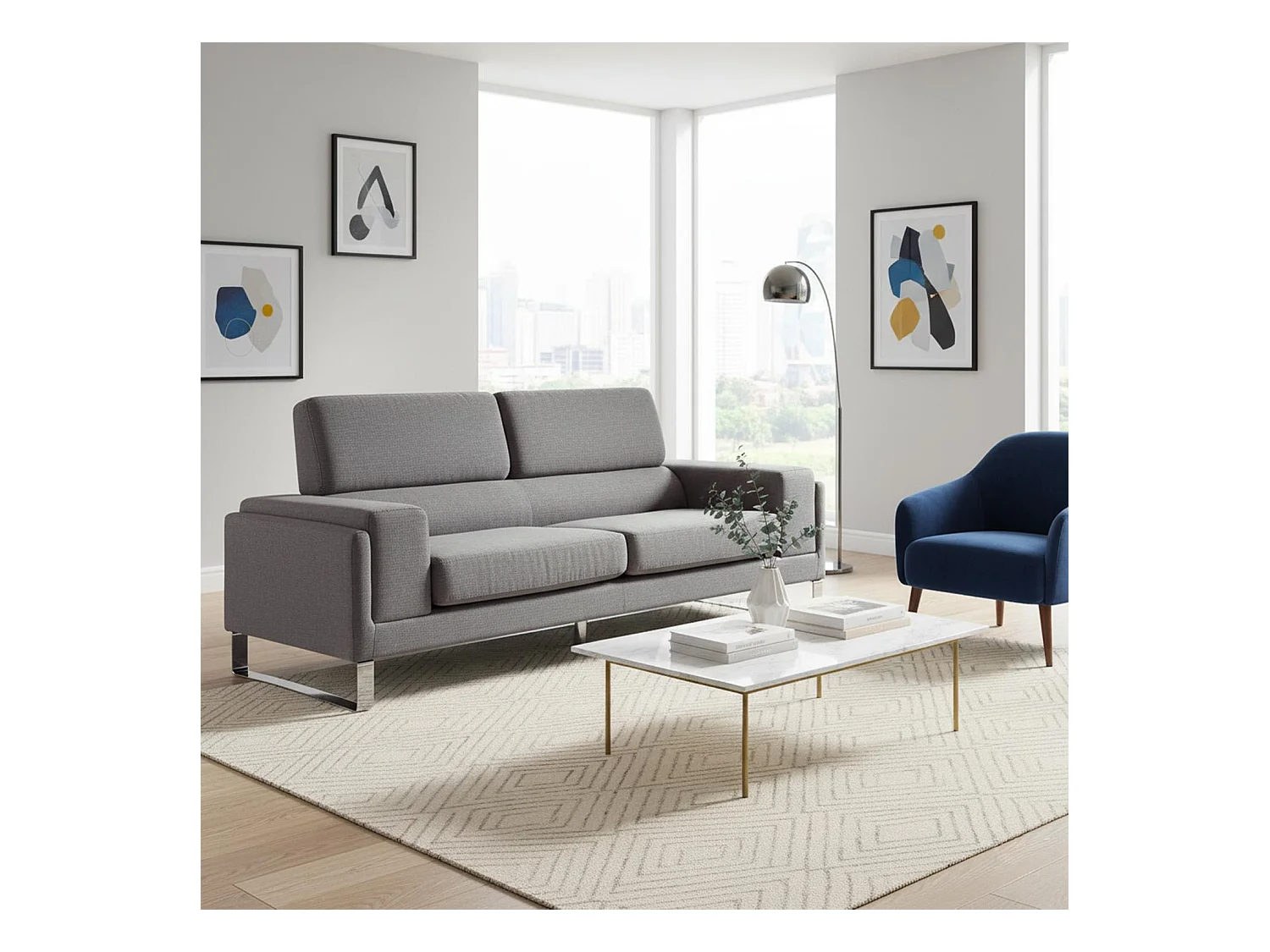 Canapé 3 Places Tissu "Ezekiel" 198cm Gris Clair