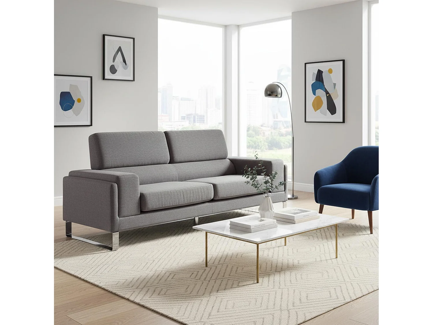 Canapé 3 Places Tissu "Ezekiel" 198cm Gris Clair