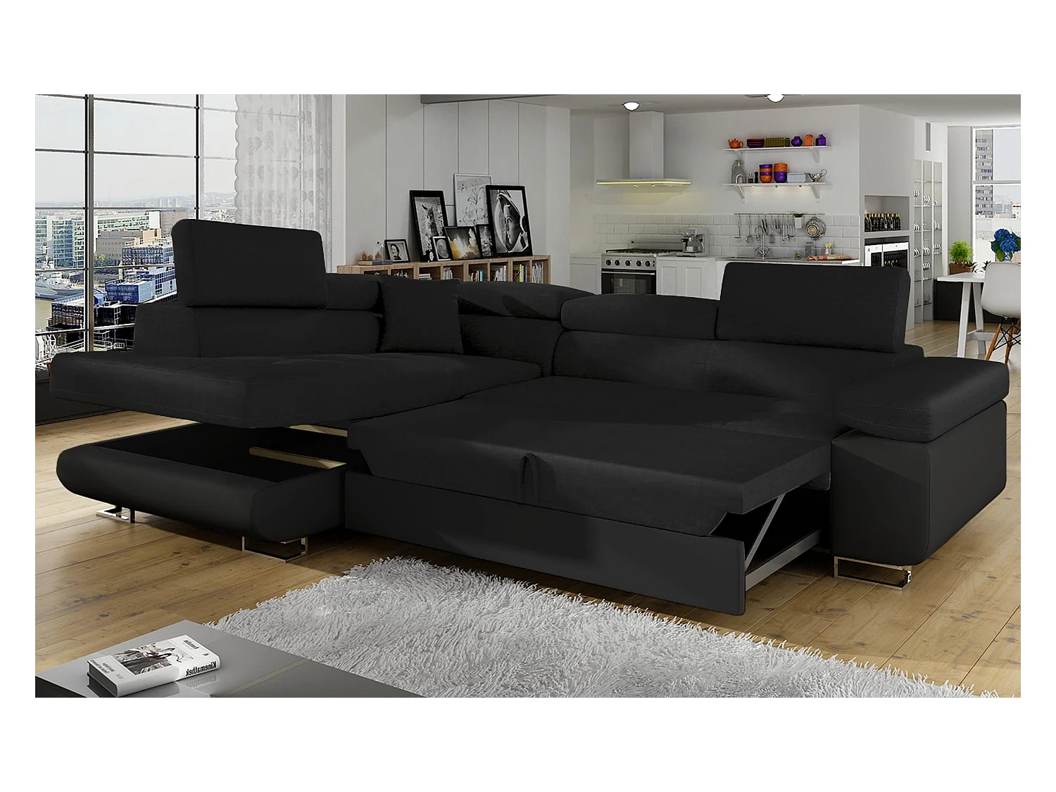 Canapé Convertible d'Angle Gauche "Toms" 275cm Noir