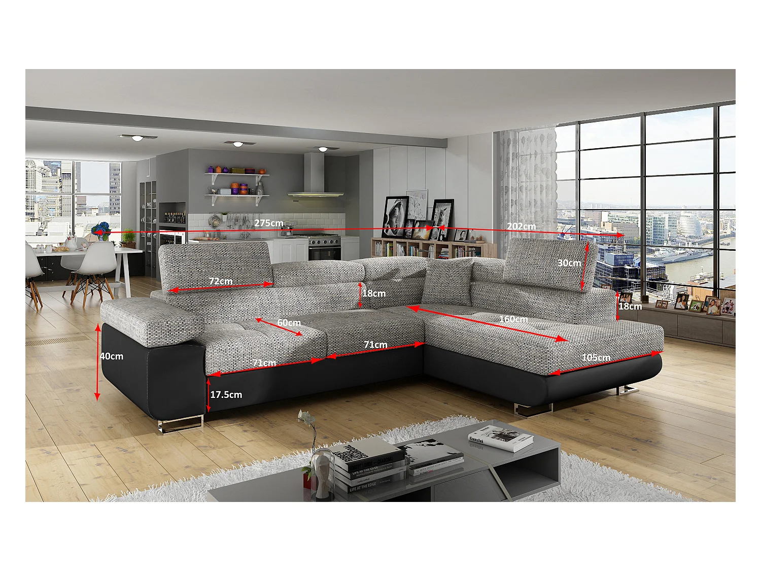 Canapé Convertible d'Angle Gauche "Toms" 275cm Noir