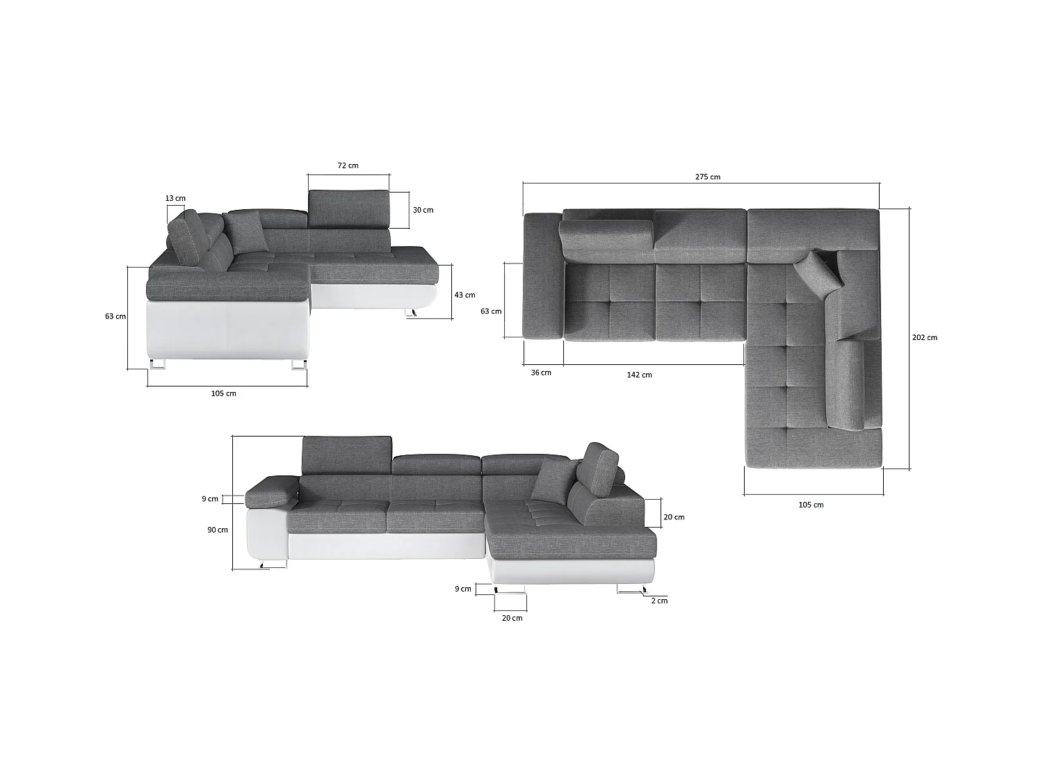 Canapé Convertible d'Angle Gauche "Toms" 275cm Noir