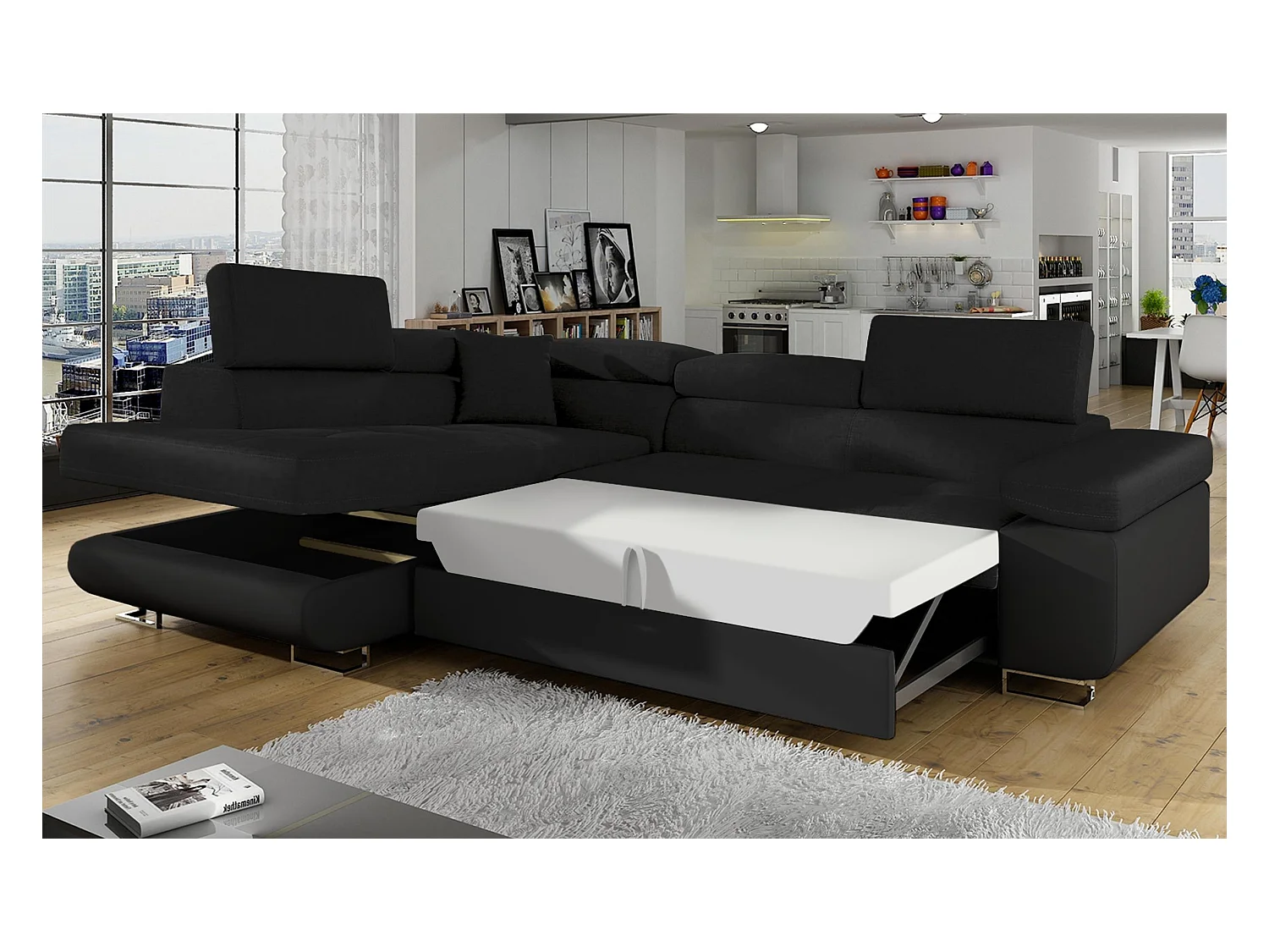 Canapé Convertible d'Angle Gauche "Toms" 275cm Noir