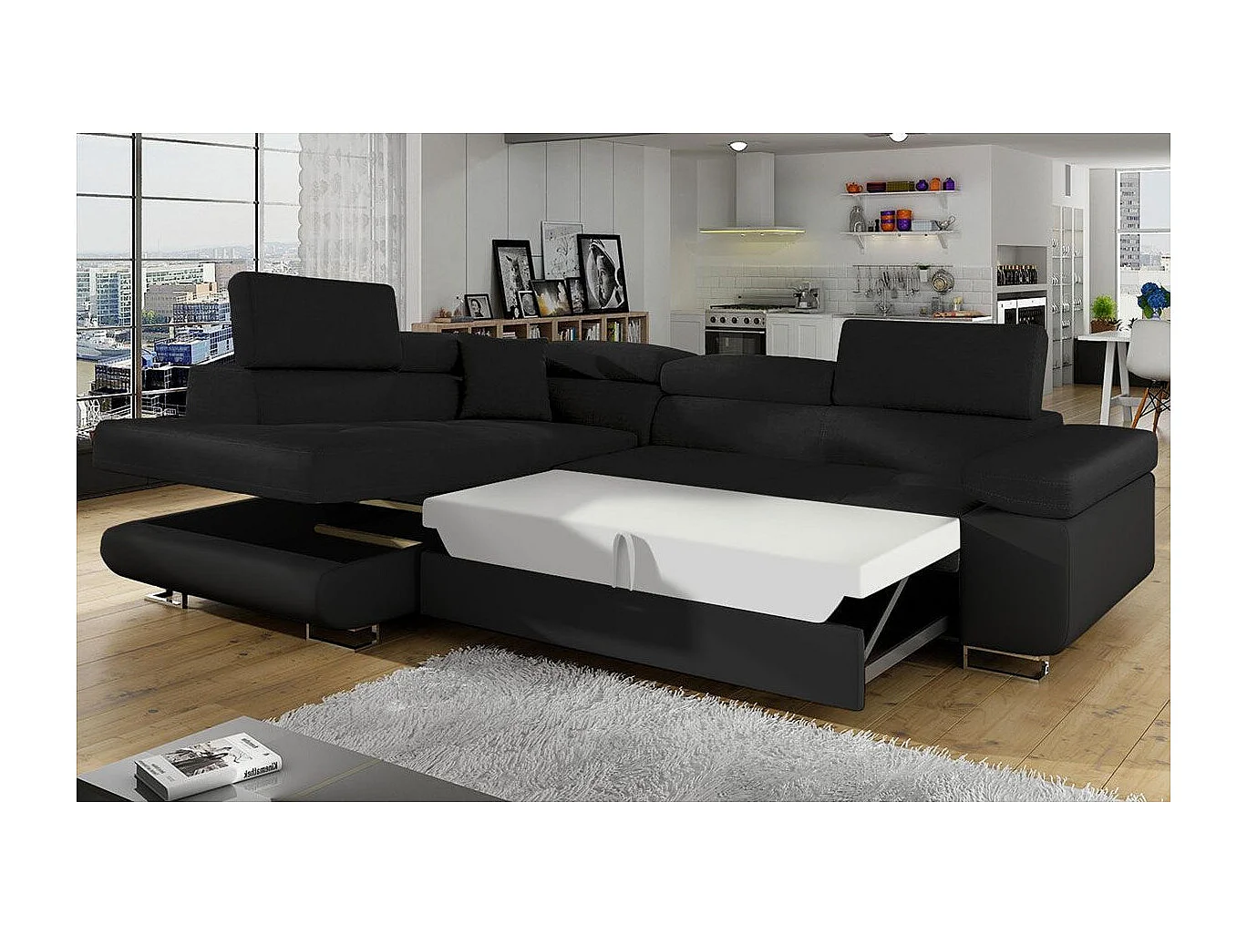 Canapé Convertible d'Angle Gauche "Toms" 275cm Noir