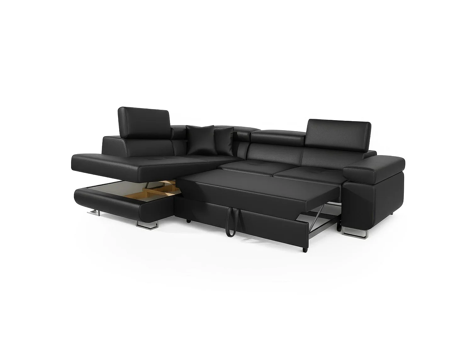 Canapé d'angle convertible Antoni avec têtières relevables Simili Noir