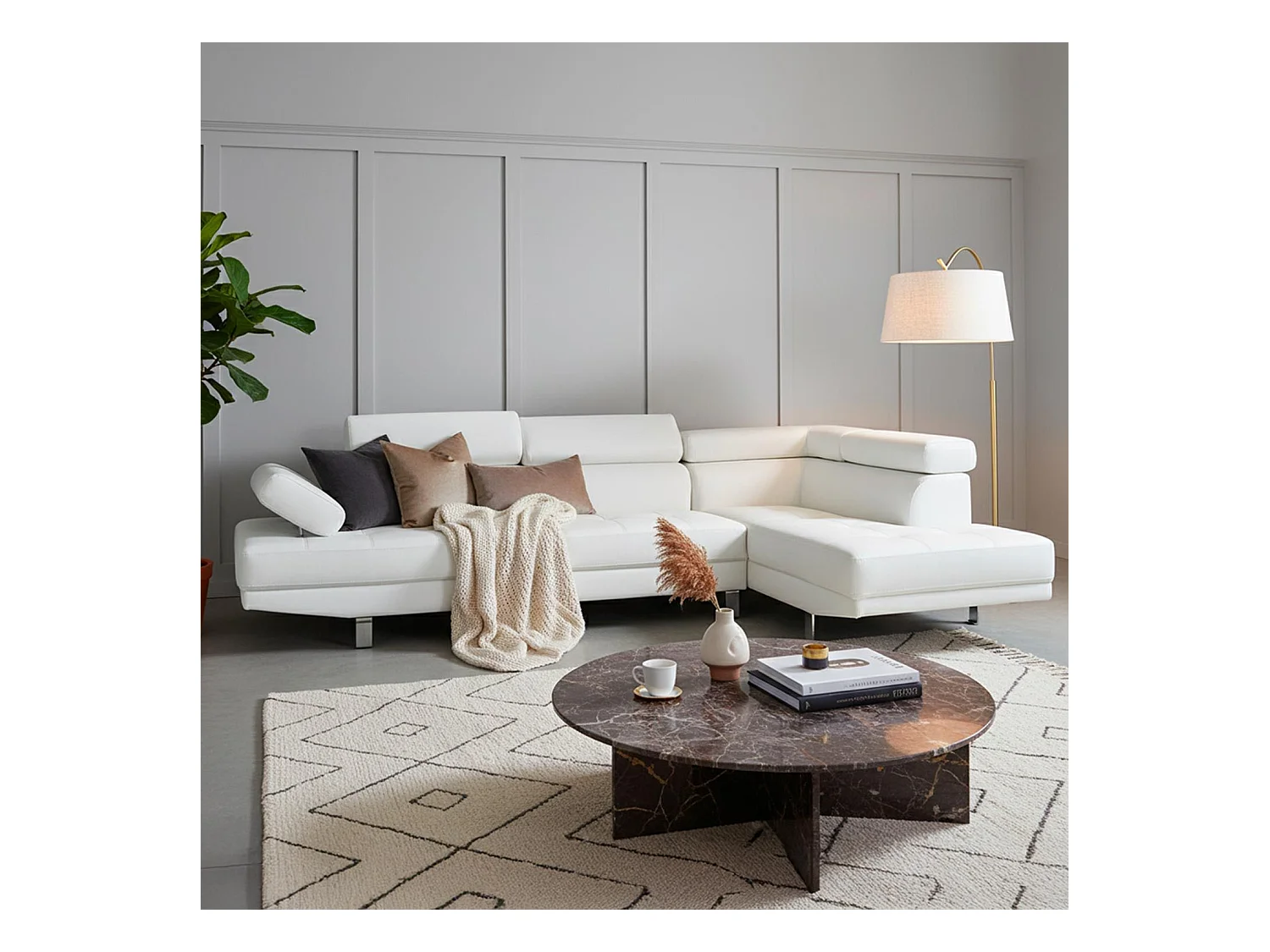 Ecksofa "Como" Weiß 5 Plätze mit verstellbaren Kopfstützen