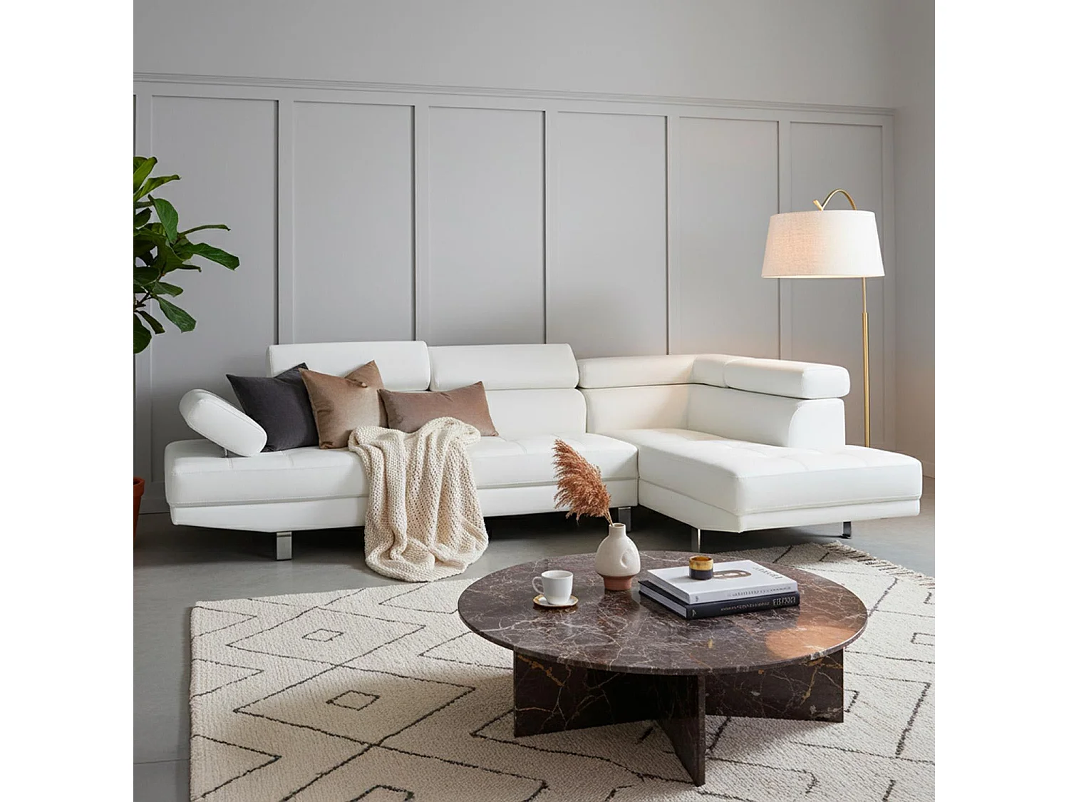 Ecksofa "Como" Weiß 5 Plätze mit verstellbaren Kopfstützen