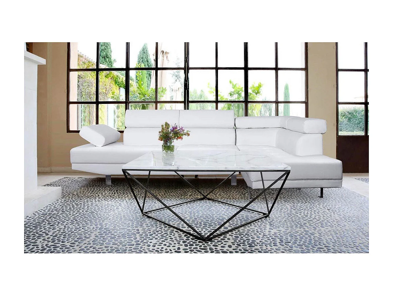 Ecksofa "Como" Weiß 5 Plätze mit verstellbaren Kopfstützen