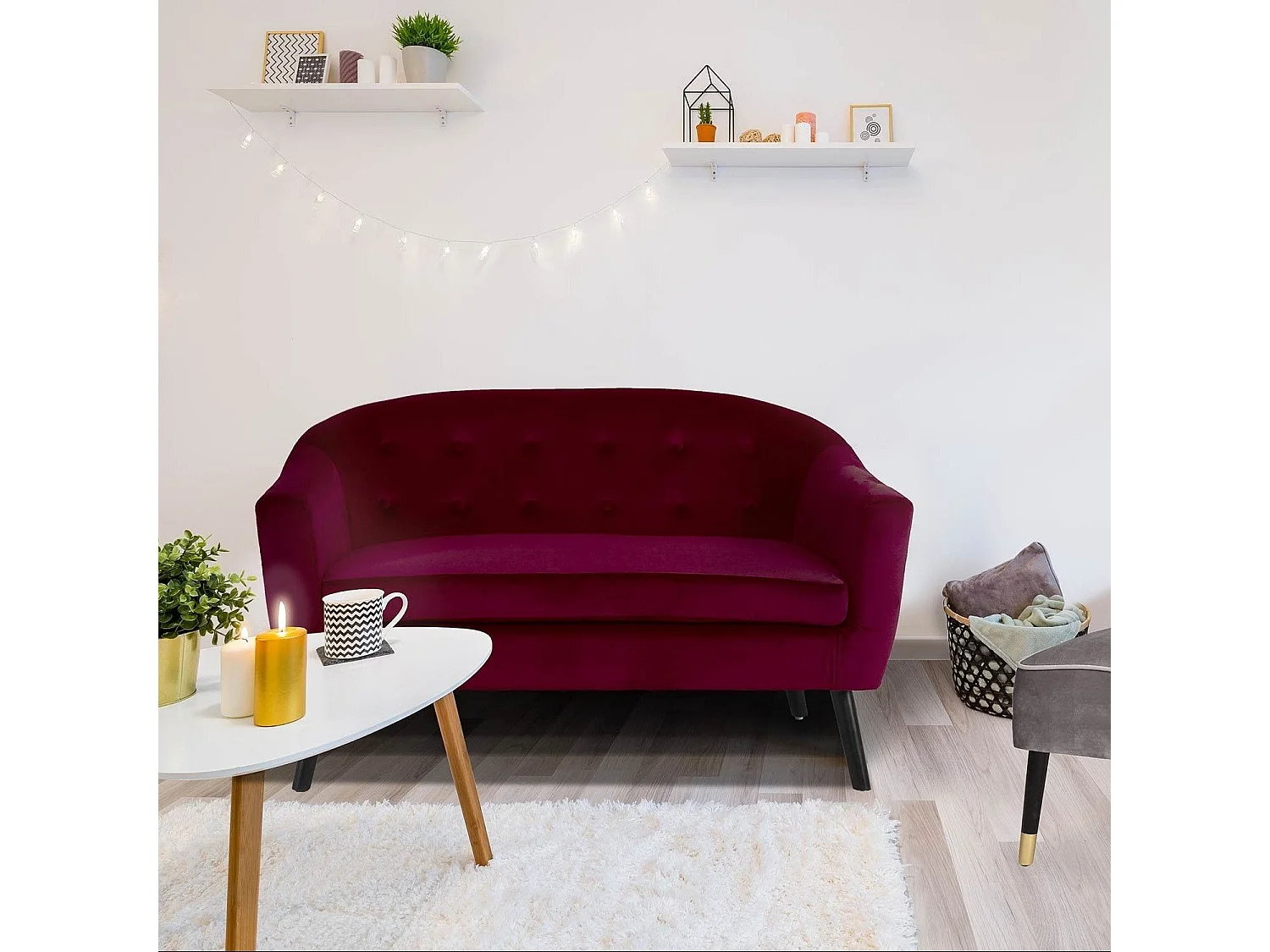Canapé Scandinave Velours "Lopy" 129cm Bordeaux