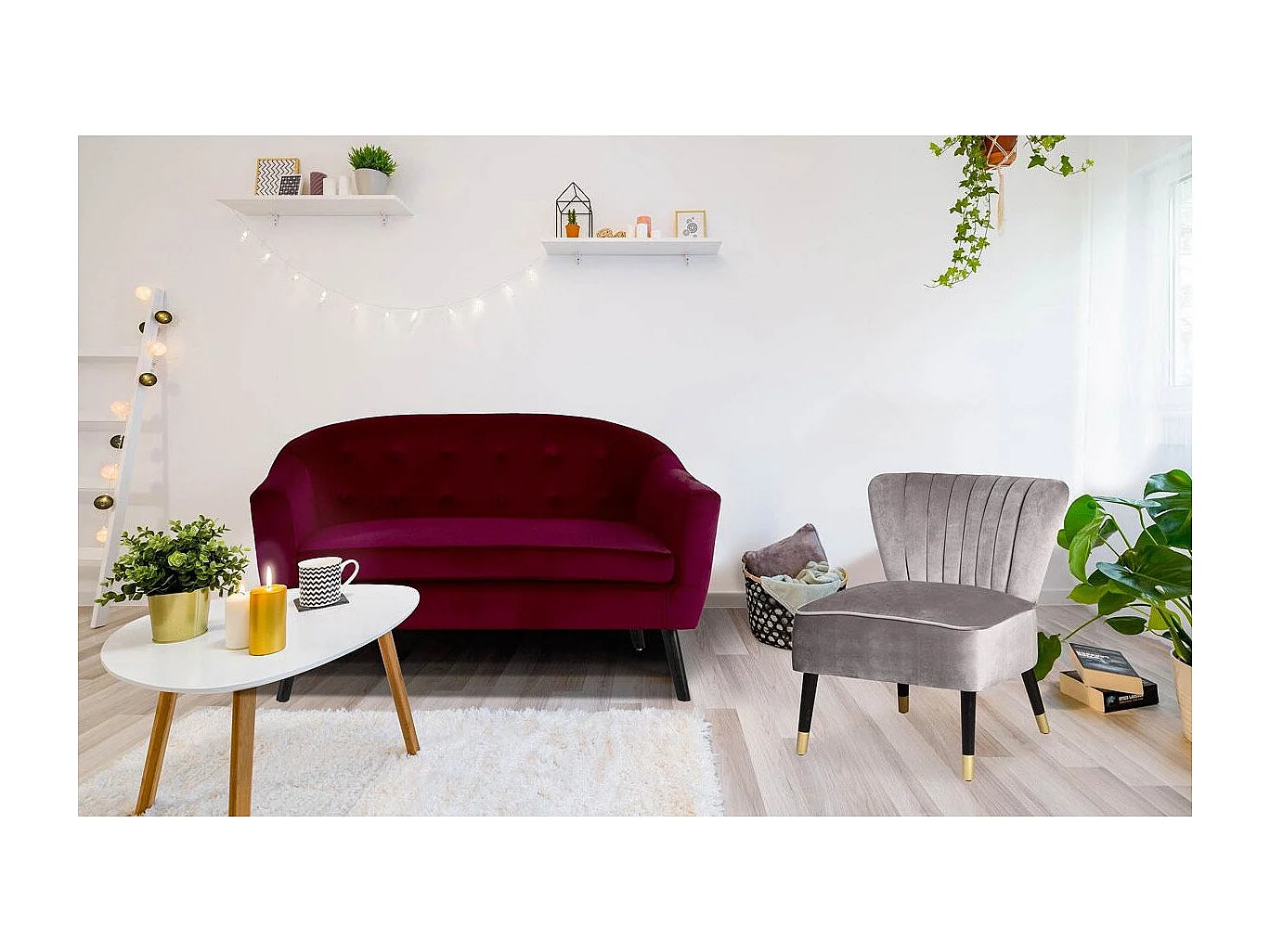 Canapé Scandinave Velours "Lopy" 129cm Bordeaux