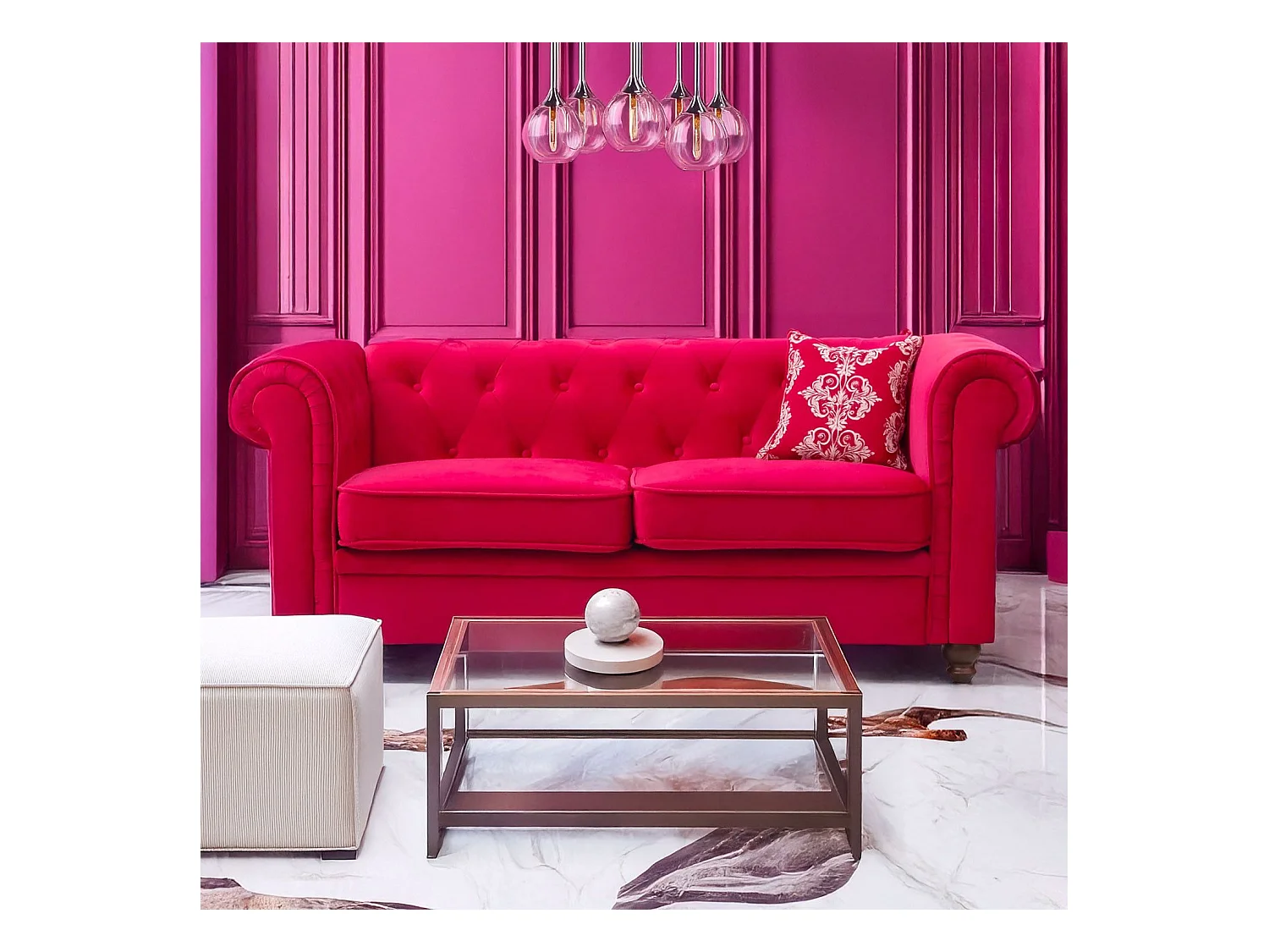 Canapé 2 Places Velours "Chesterfield" 158cm Rouge