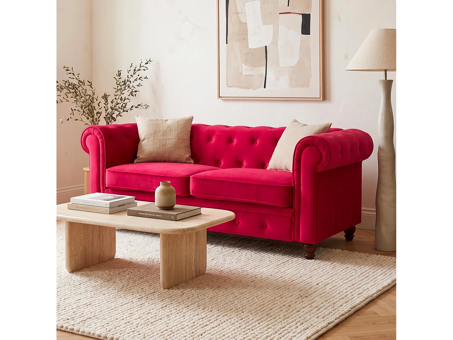 Canapé chesterfield 2 places en velours capitonné rouge