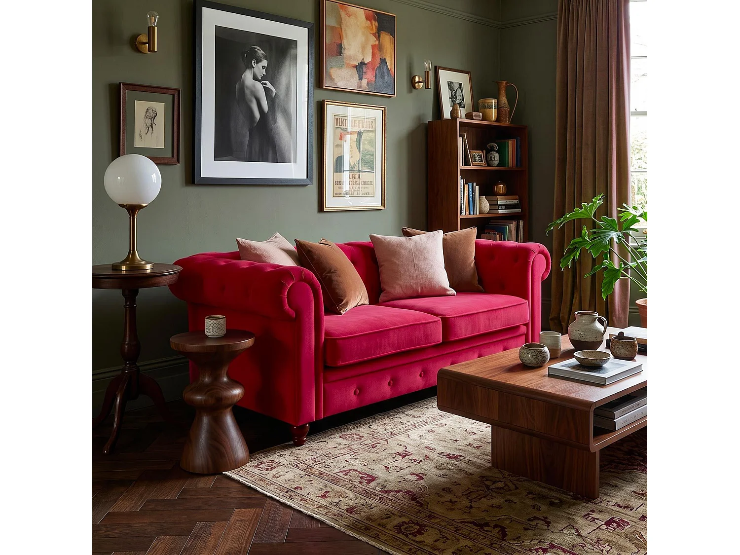 Canapé chesterfield 2 places en velours capitonné rouge