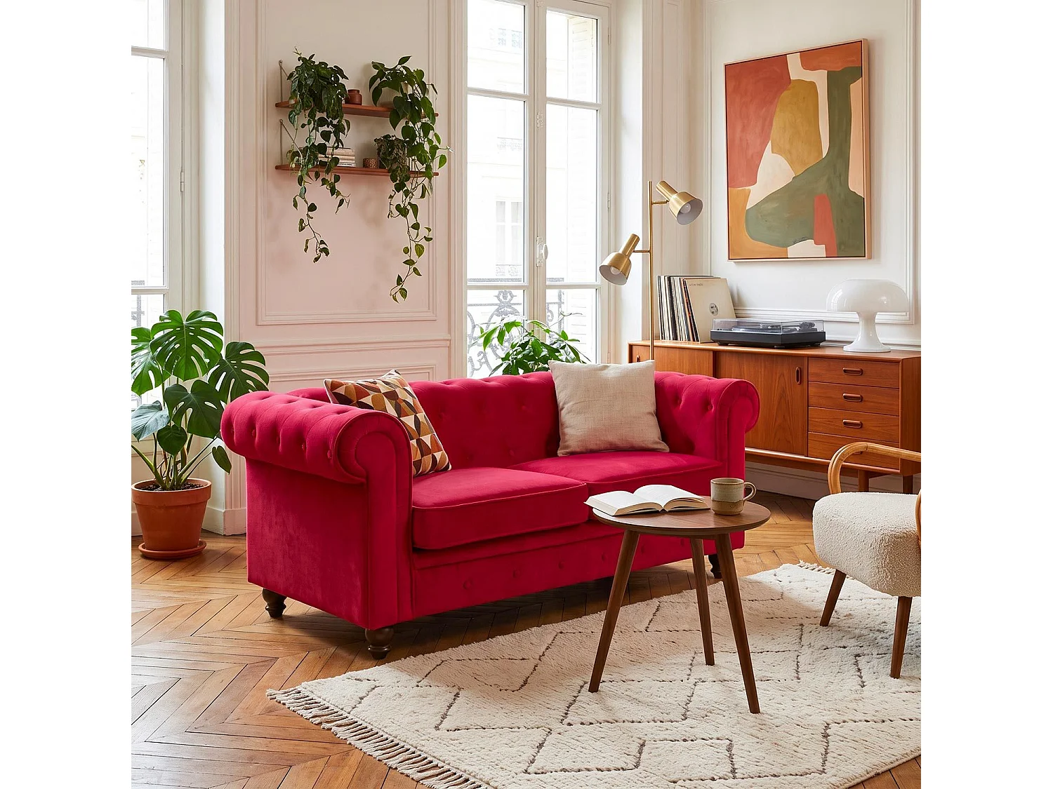 Canapé chesterfield 2 places en velours capitonné rouge