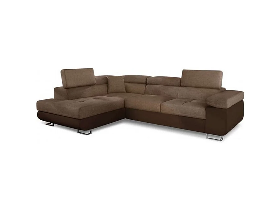 Canapé d'angle convertible Antoni avec têtières relevables angle à droite simili Marron et tissu Marron