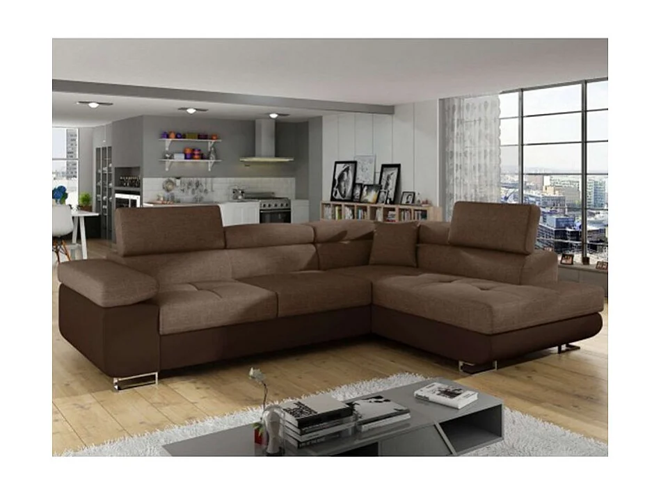 Canapé d'angle convertible Antoni avec têtières relevables angle à droite simili Marron et tissu Marron