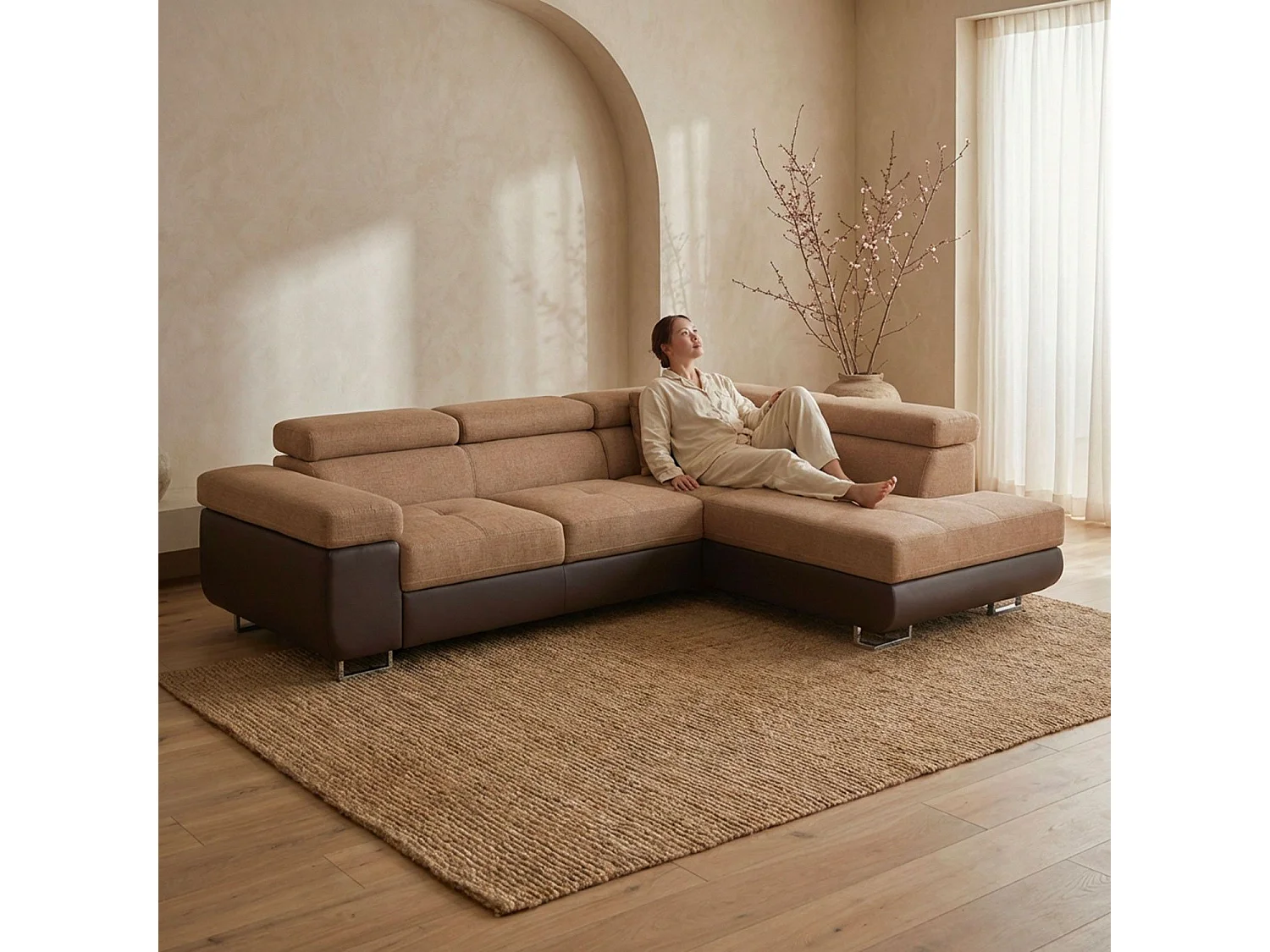 Converteerbare hoekbank in kunstleer en stof met opklapbare hoofdsteunen - Marka Collection-Kleur Bruin/lichtbruin-juiste hoek