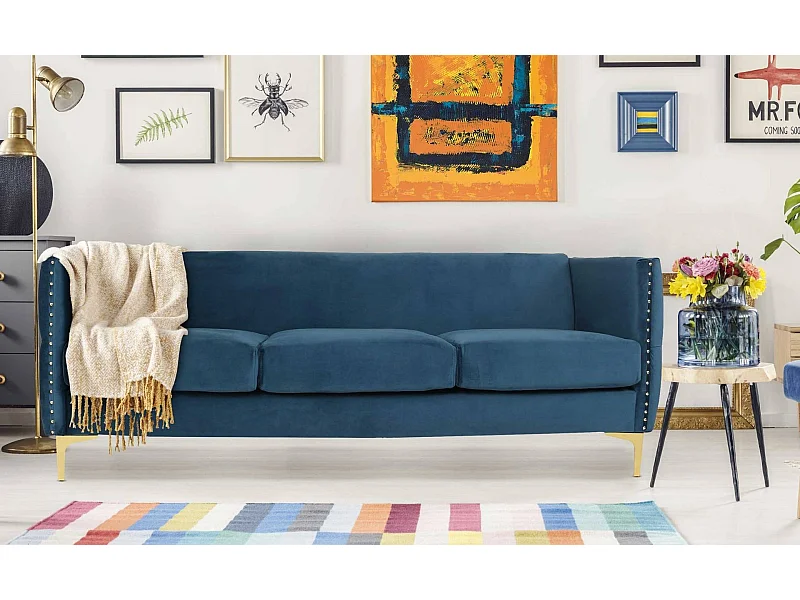 Samt Sofa Blau 3-Sitzer Design Gepolstert Bequem