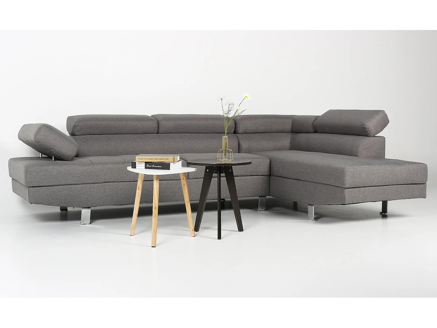 Canapé d'Angle Droit en Tissu "Têtière" 260cm Gris