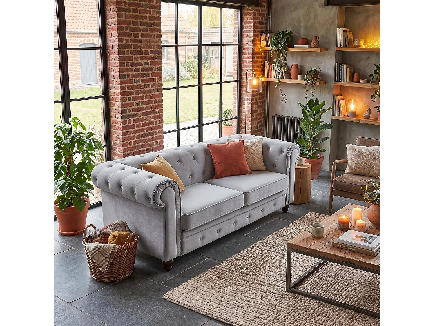 Canapé chesterfield 2 places en velours capitonné gris