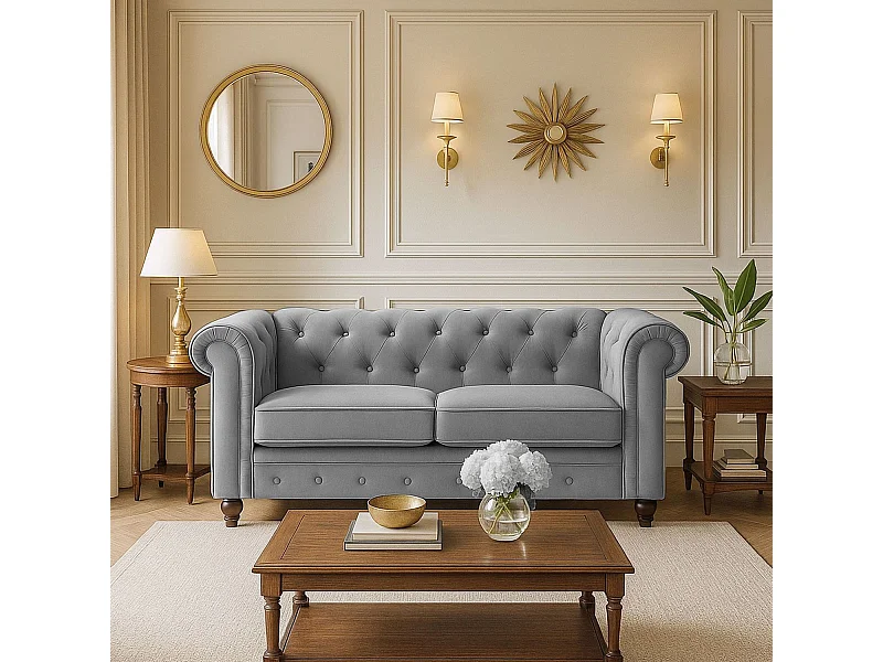 Canapé 2 Places Velours "Chesterfield" 158cm Argent