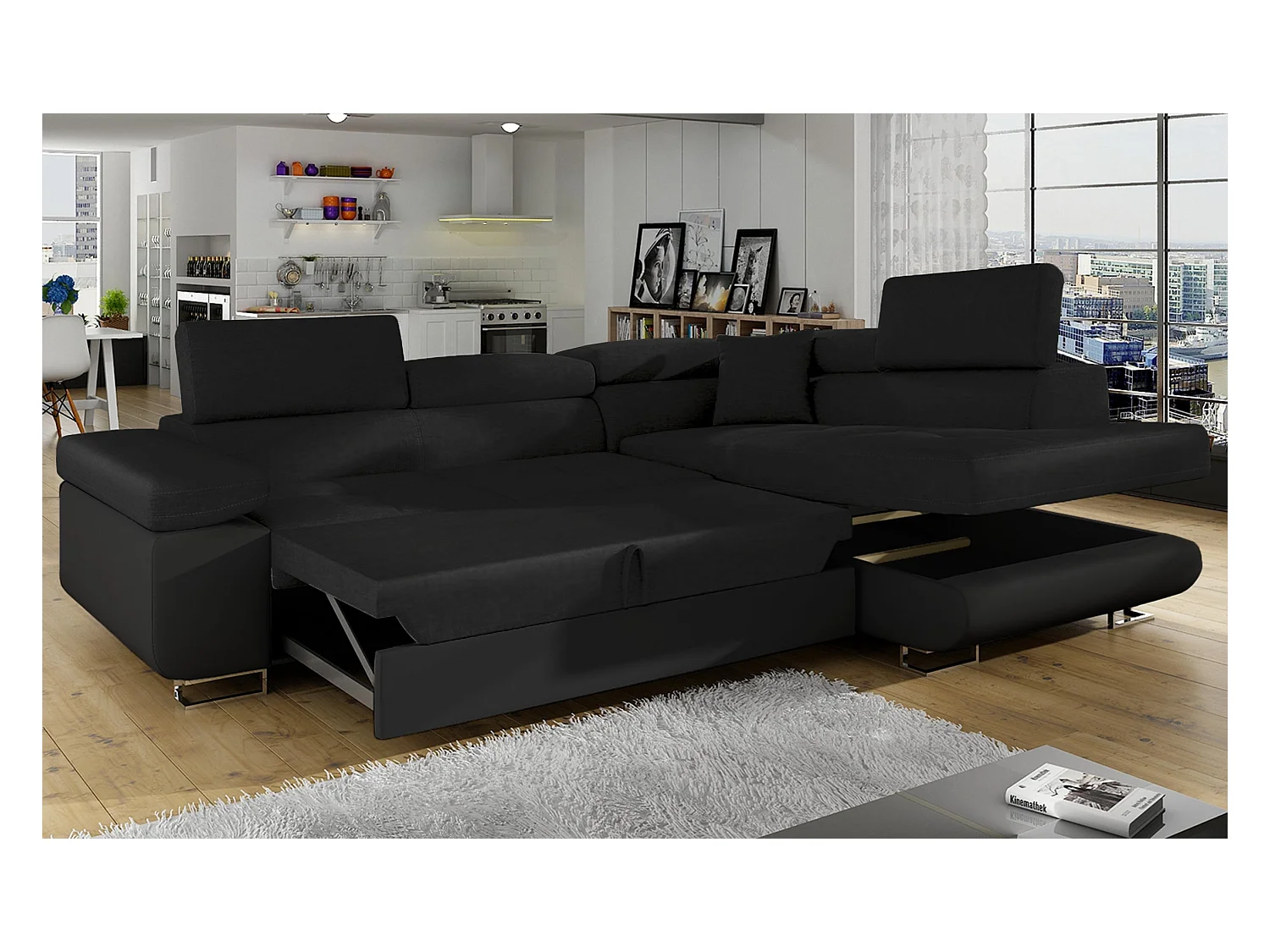 Canapé Convertible d'Angle Droit "Toms" 275cm Noir