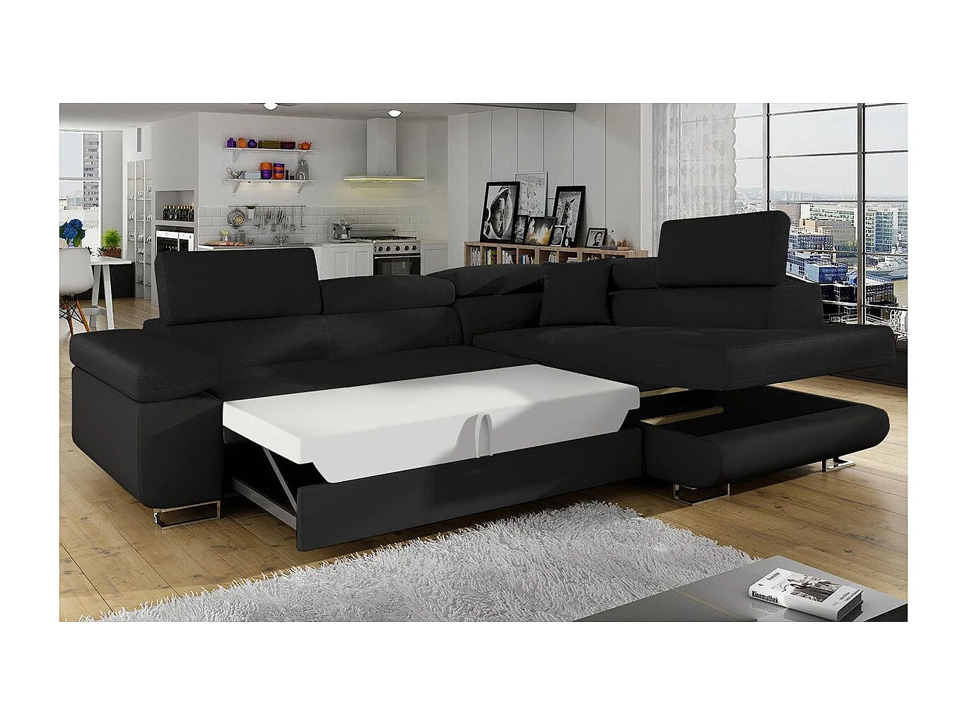 Canapé Convertible d'Angle Droit "Toms" 275cm Noir