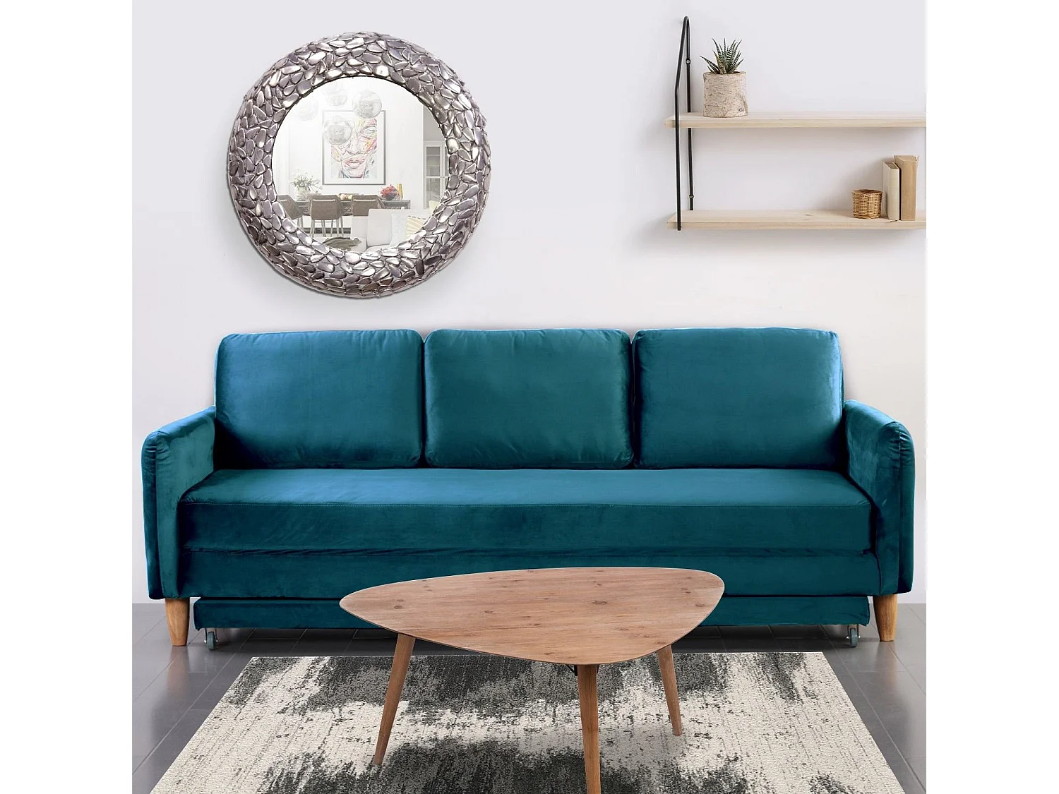 Canapé Convertible en Velours "Zefli" 210cm Bleu