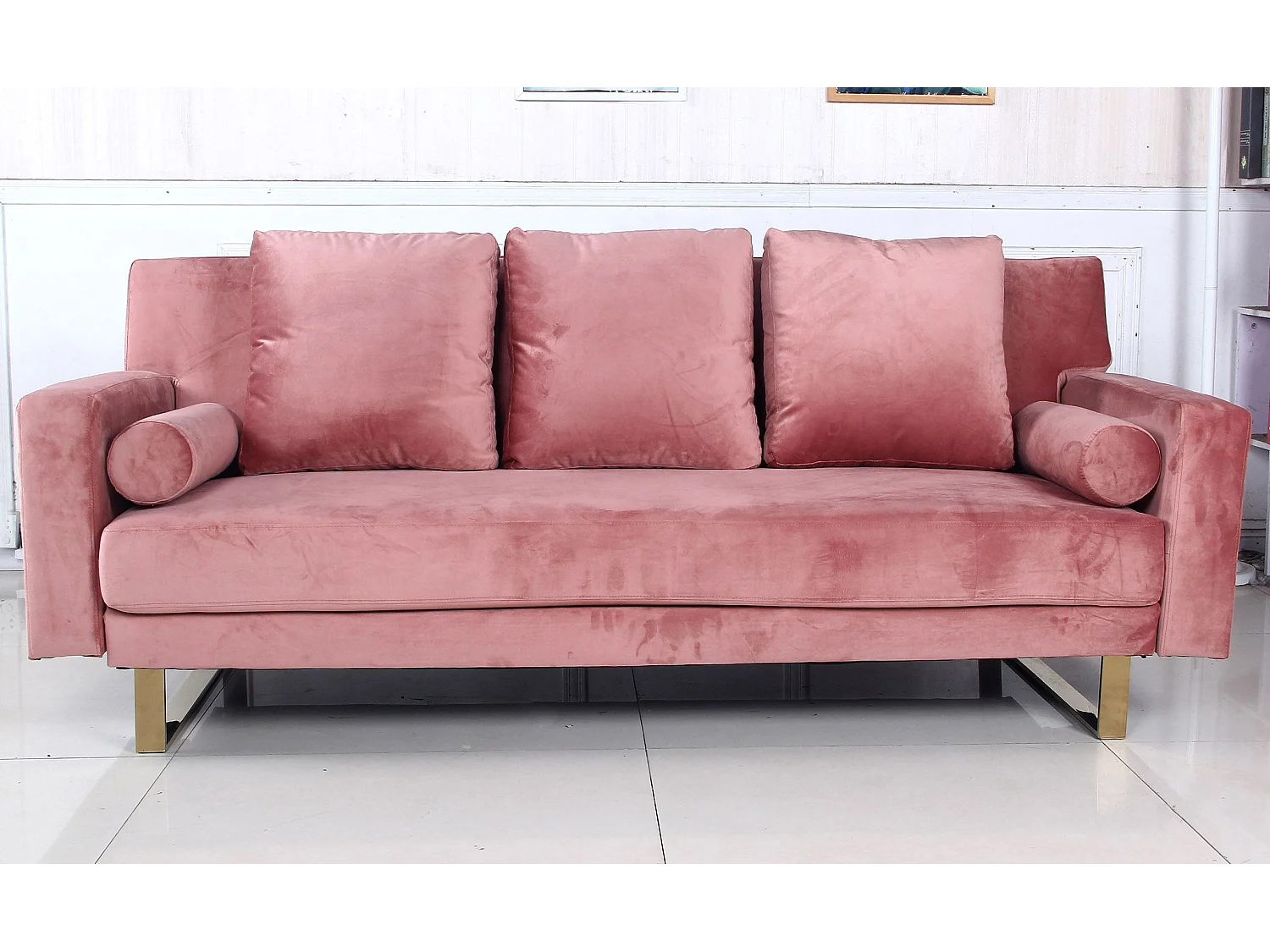 Canapé Convertible Velours "Albine" 210cm Rose