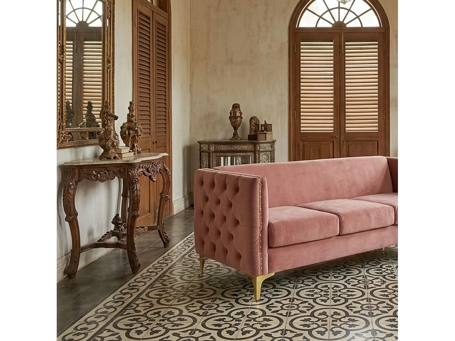 Canapé 3 Places en Velours "Suez" 204cm Rose