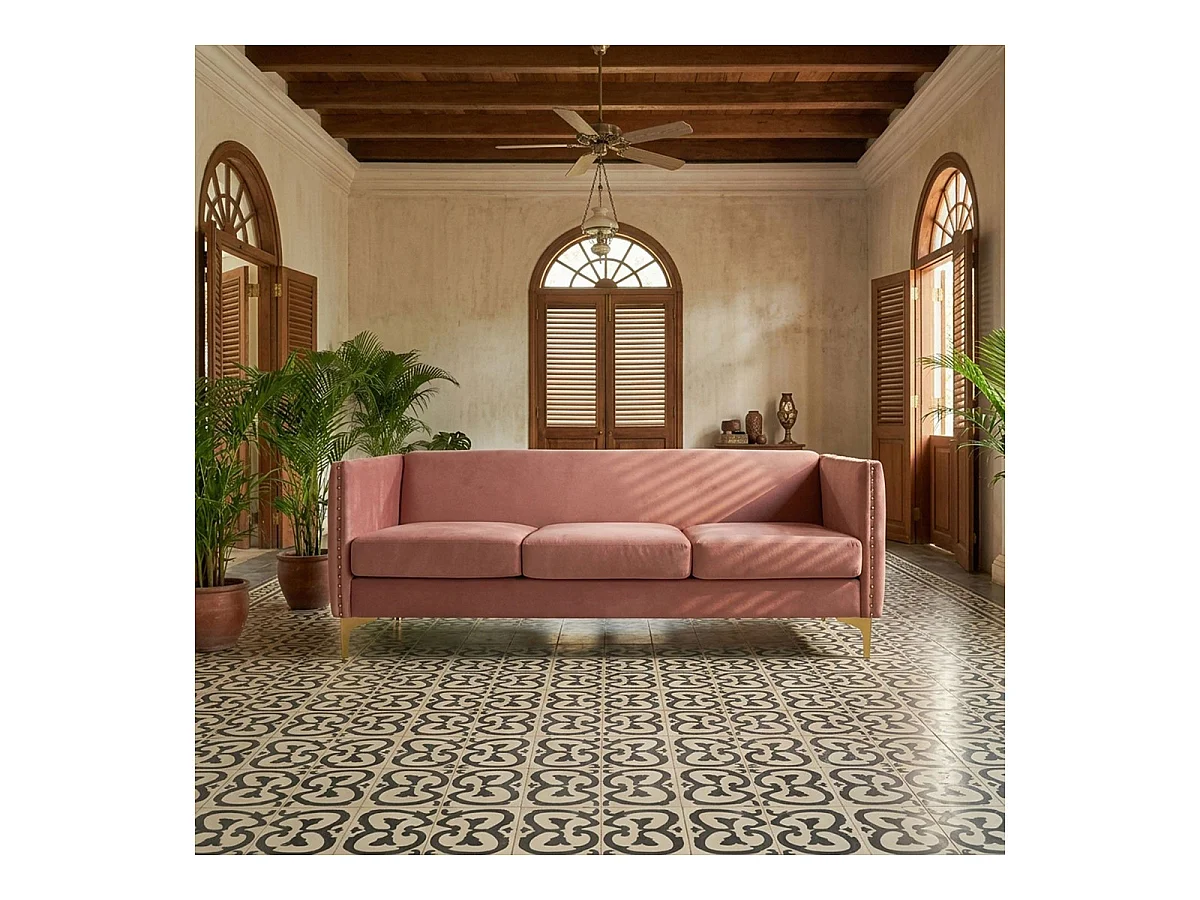 Canapé 3 places en velours capitonné rose SUEZ