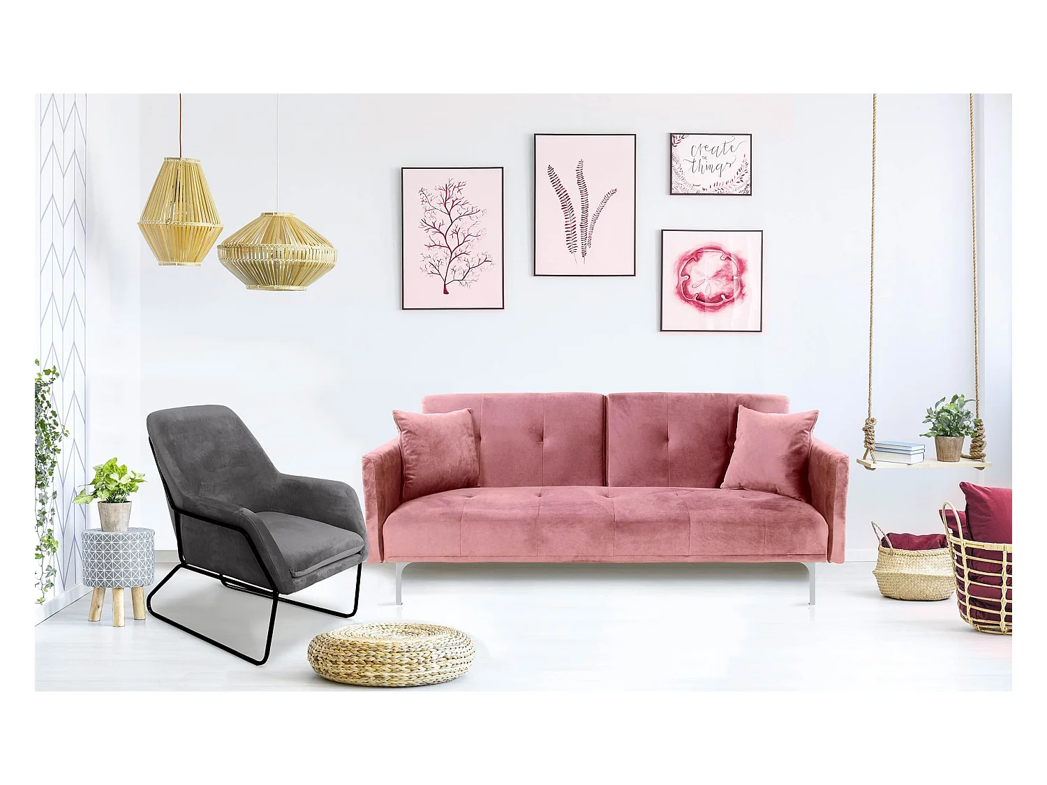 Divano convertibile 3 posti Carla in Velluto Rosa