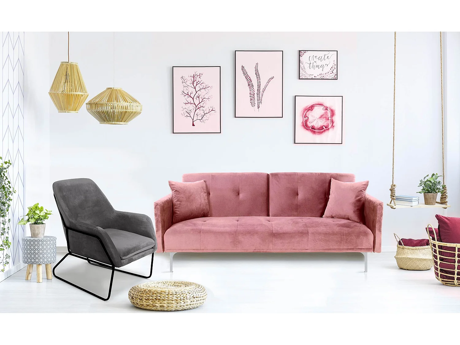 Canapé Convertible 3 Places "Lacla" 191cm Rose