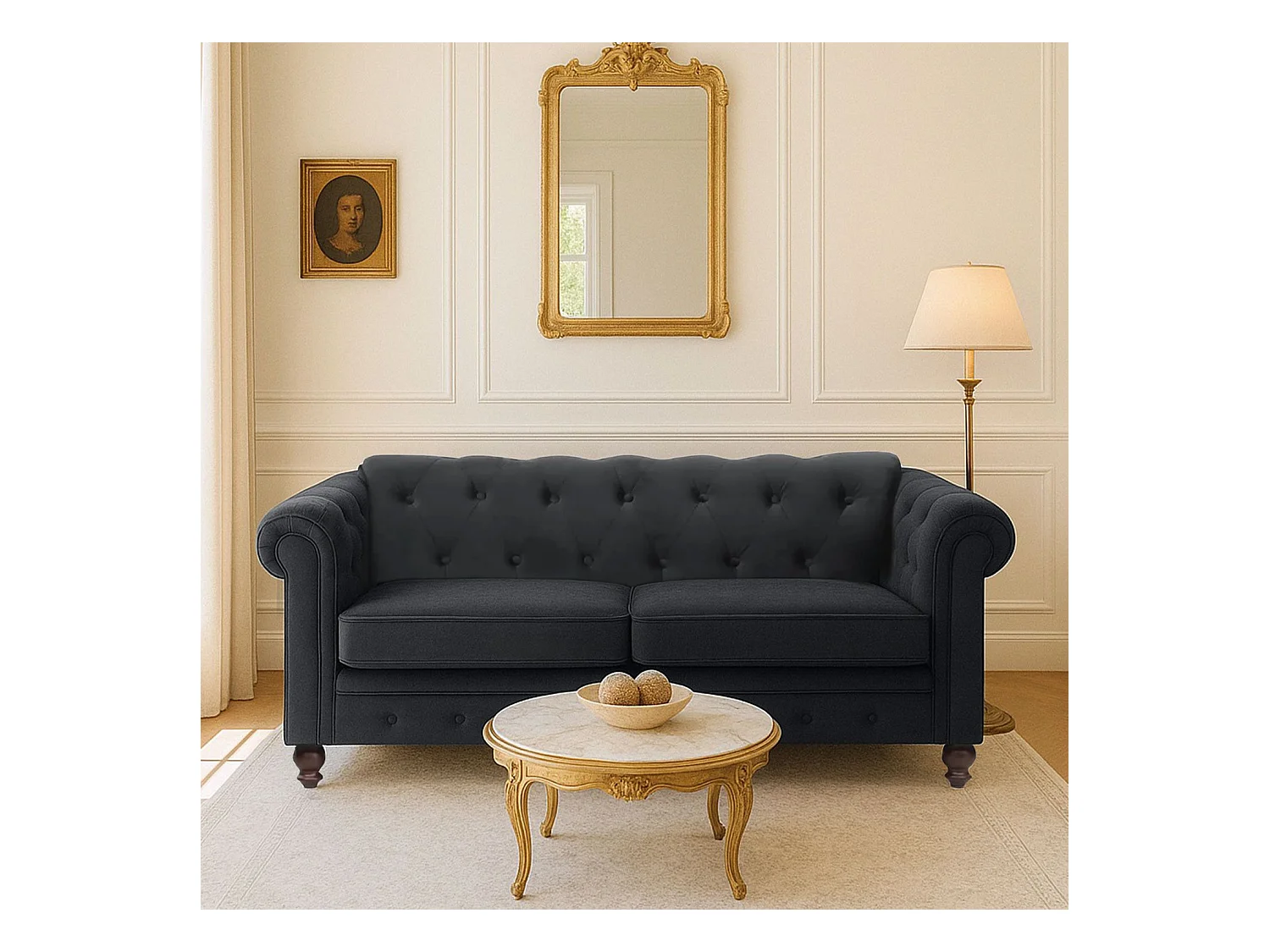 Canapé 2 Places Velours "Chesterfield" 158cm Noir