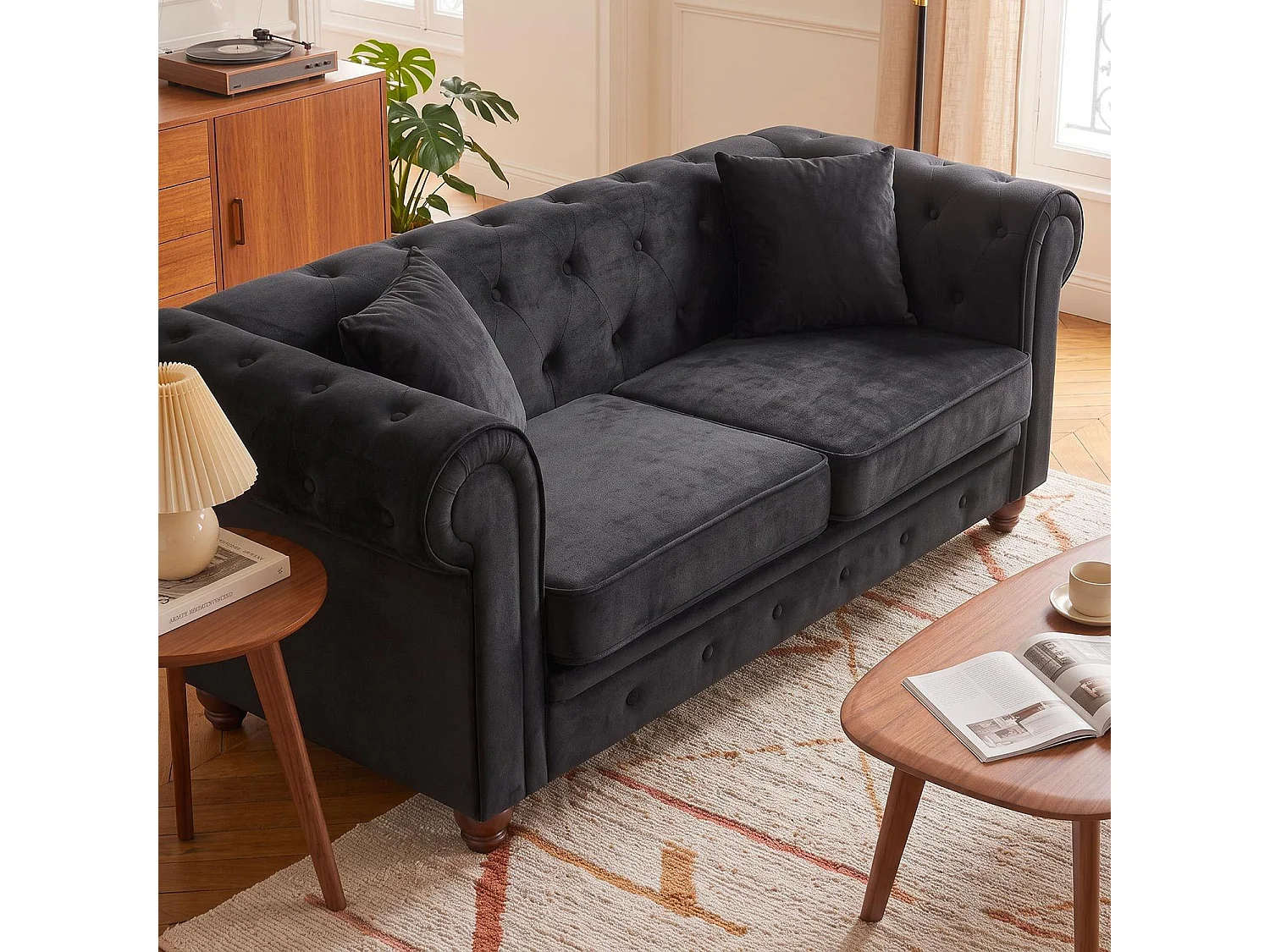 Canapé chesterfield 2 places en velours capitonné noir longueur 158 cm
