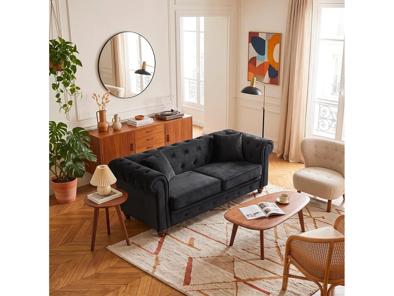 Canapé chesterfield 2 places en velours capitonné noir longueur 158 cm