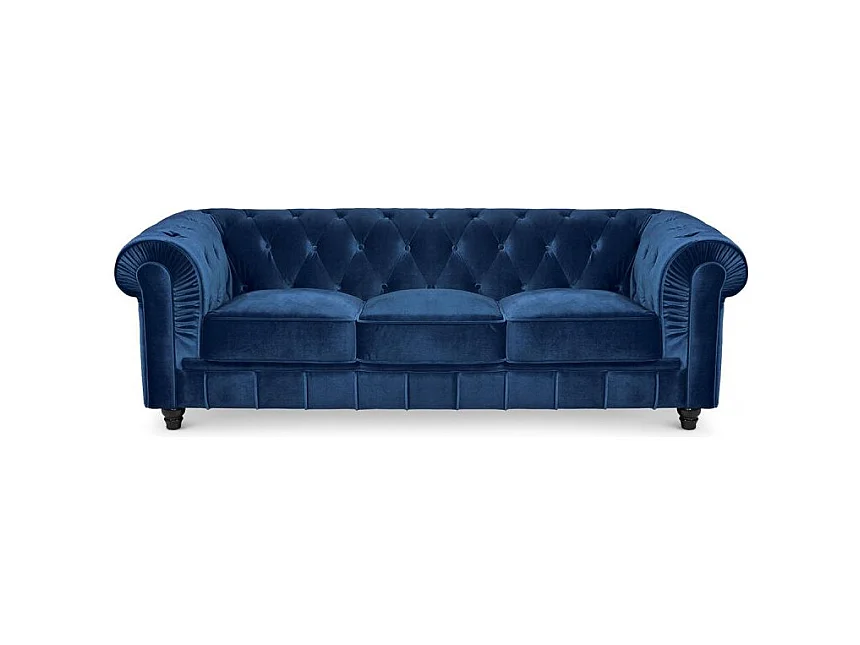 Canapé 3 Places Velours "Chesterfield" 207cm Bleu