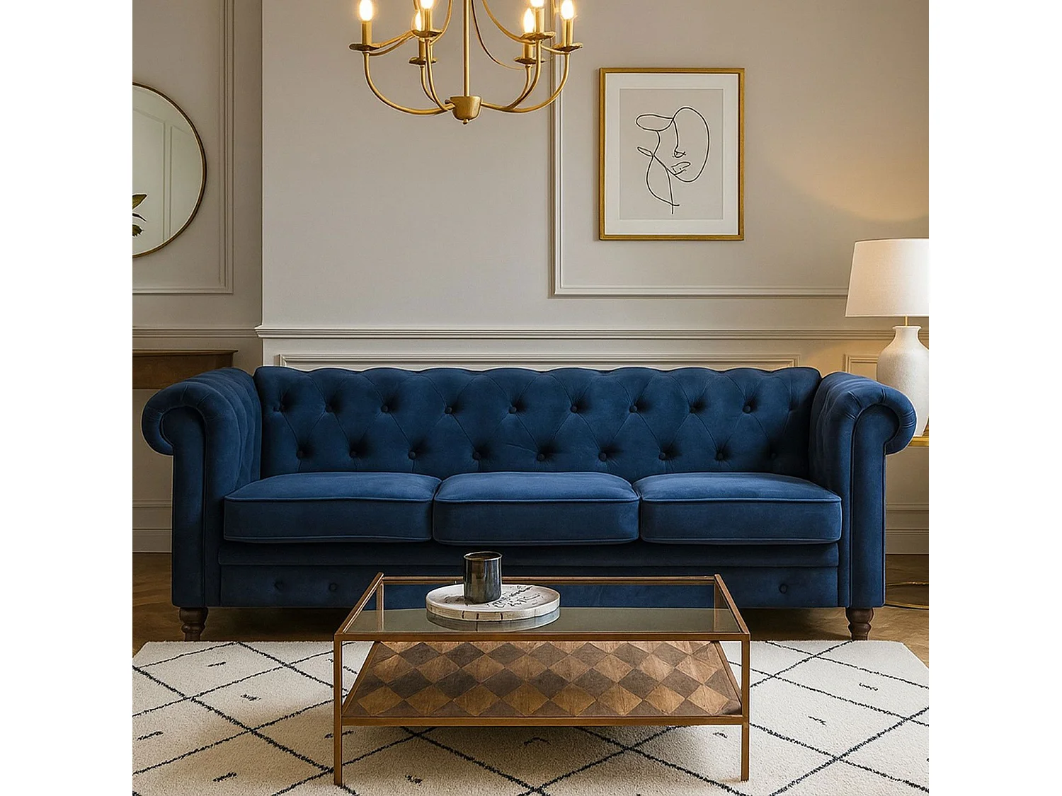 Canapé 3 Places Velours "Chesterfield" 207cm Bleu