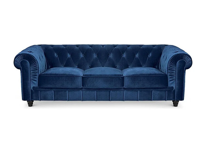 Canapé 3 Places Velours "Chesterfield" 207cm Bleu