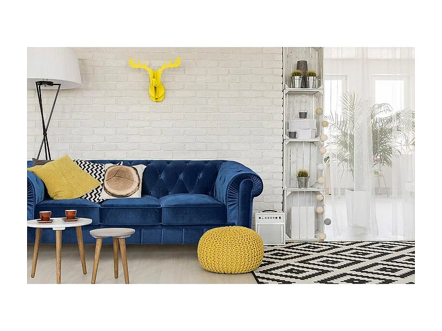 Canapé 3 Places Velours "Chesterfield" 207cm Bleu