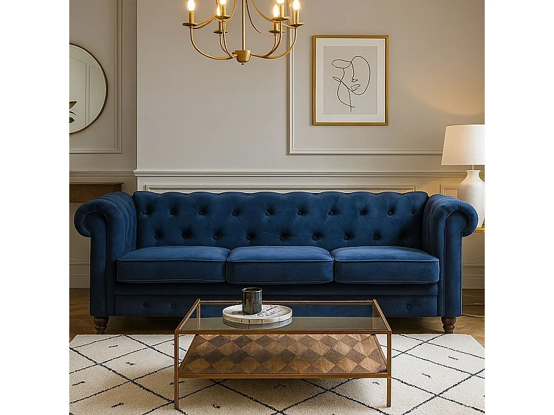 Canapé 3 Places Velours "Chesterfield" 207cm Bleu