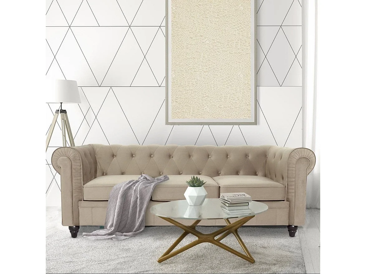 3-Sitzer Samtsofa "Chesterfield" Taupe, gemütlicher und eleganter Stil, 207 cm