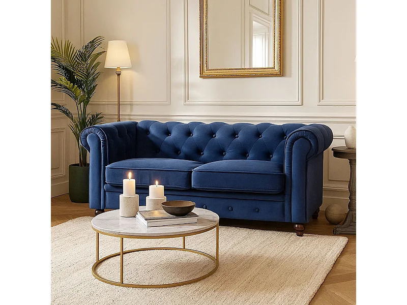 Canapé 2 Places Velours "Chesterfield" 157cm Bleu