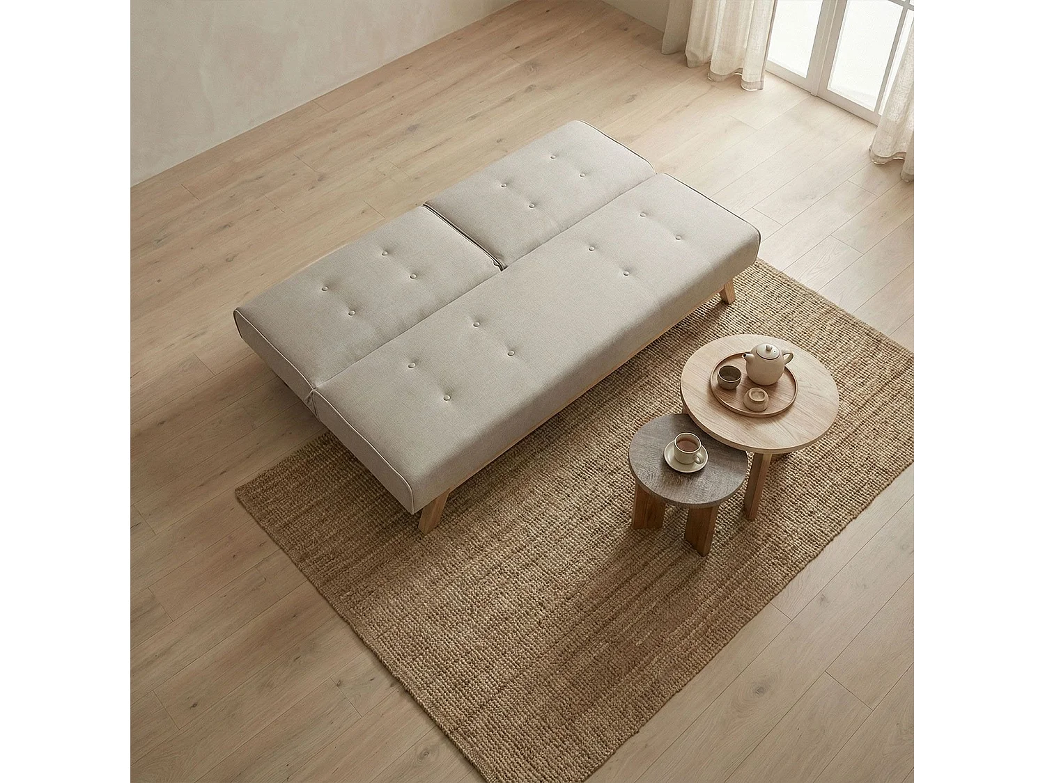 Skandinavisches Beiges Schlafsofa 3-Sitzer Stoff & Holz - Optimaler Komfort