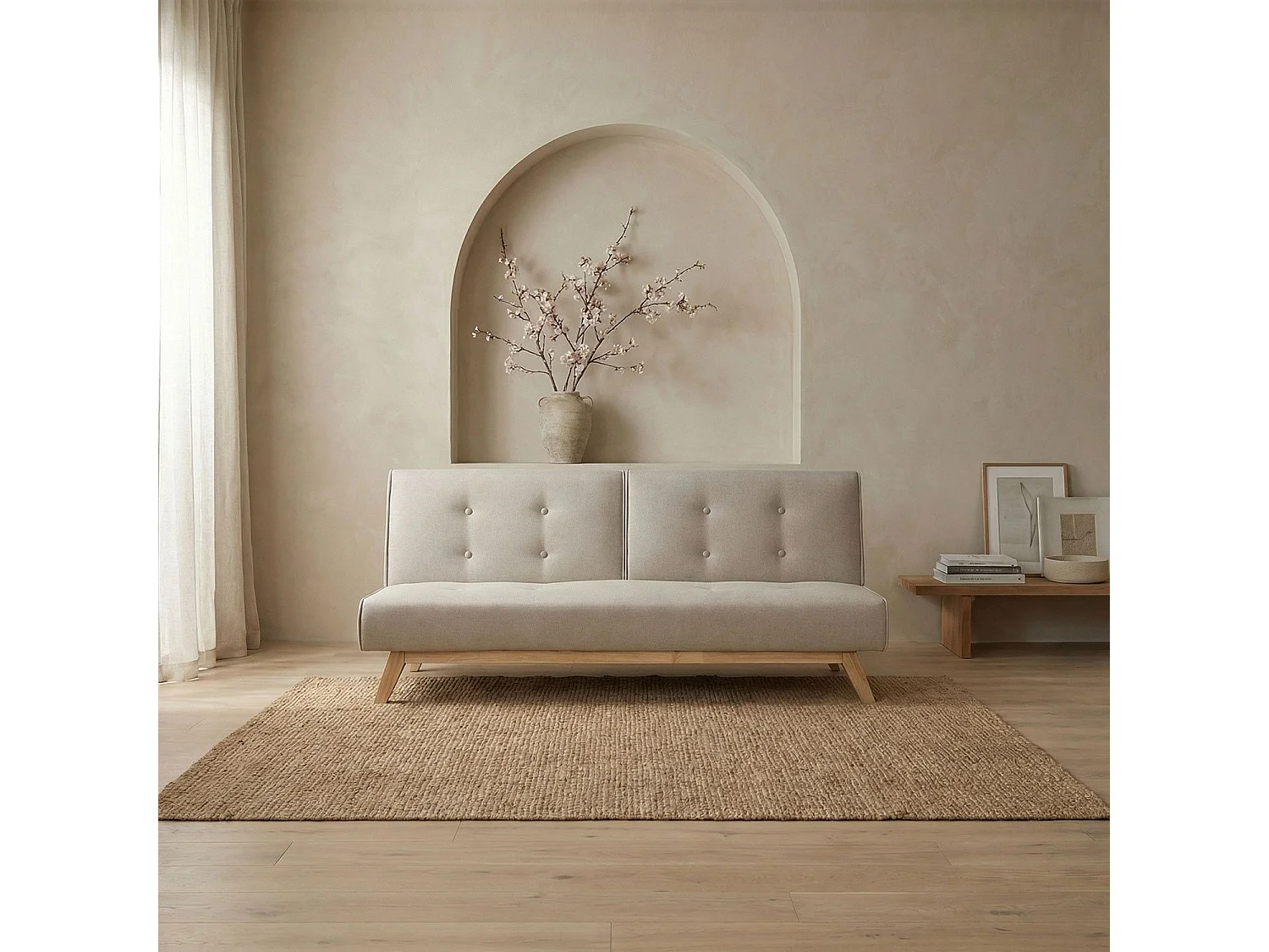 Skandinavisches Beiges Schlafsofa 3-Sitzer Stoff & Holz - Optimaler Komfort