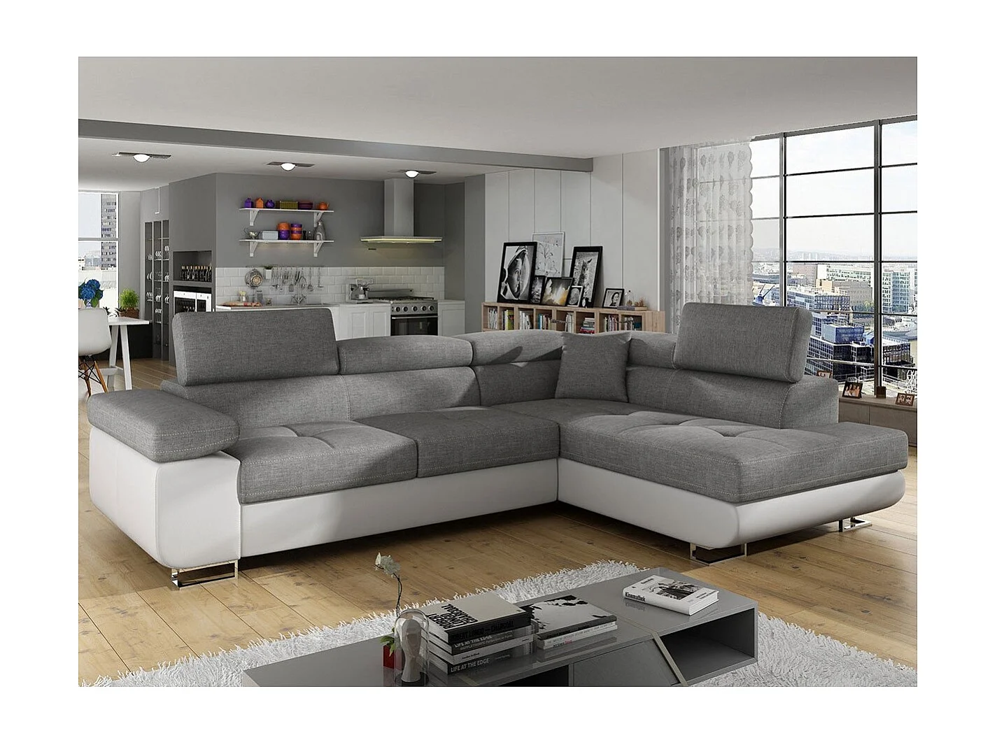 Divano ad angolo destro trasformabile Antoni con poggiatesta alzabili in similpelle bianca e tessuto grigio chiaro