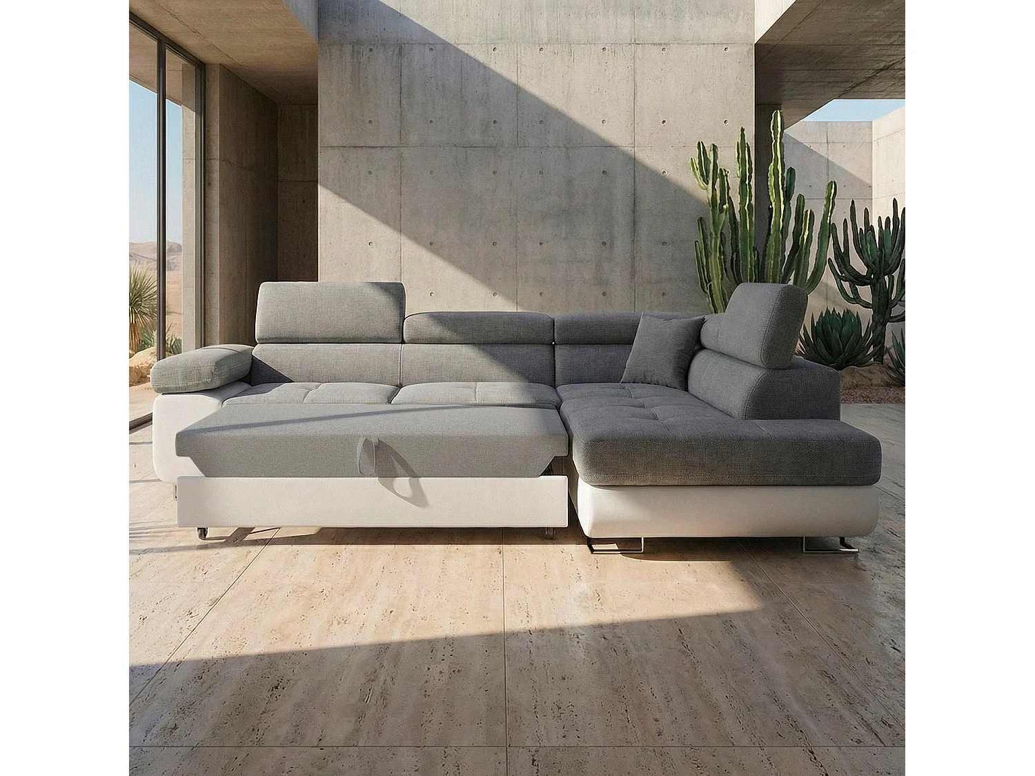Divano ad angolo destro trasformabile Antoni con poggiatesta alzabili in similpelle bianca e tessuto grigio chiaro