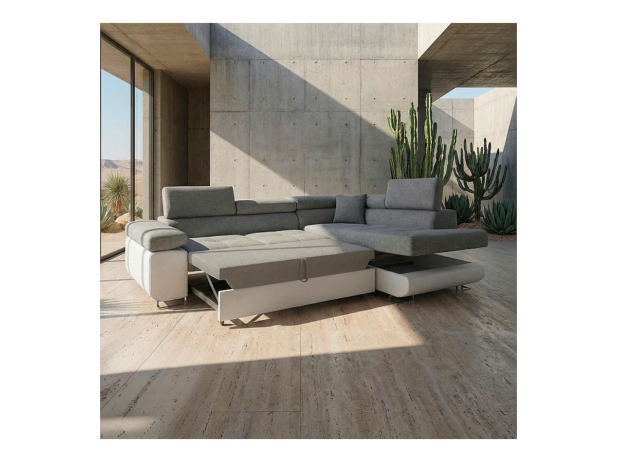 Canapé d'angle convertible 6 places en simili cuir gris MARIUS