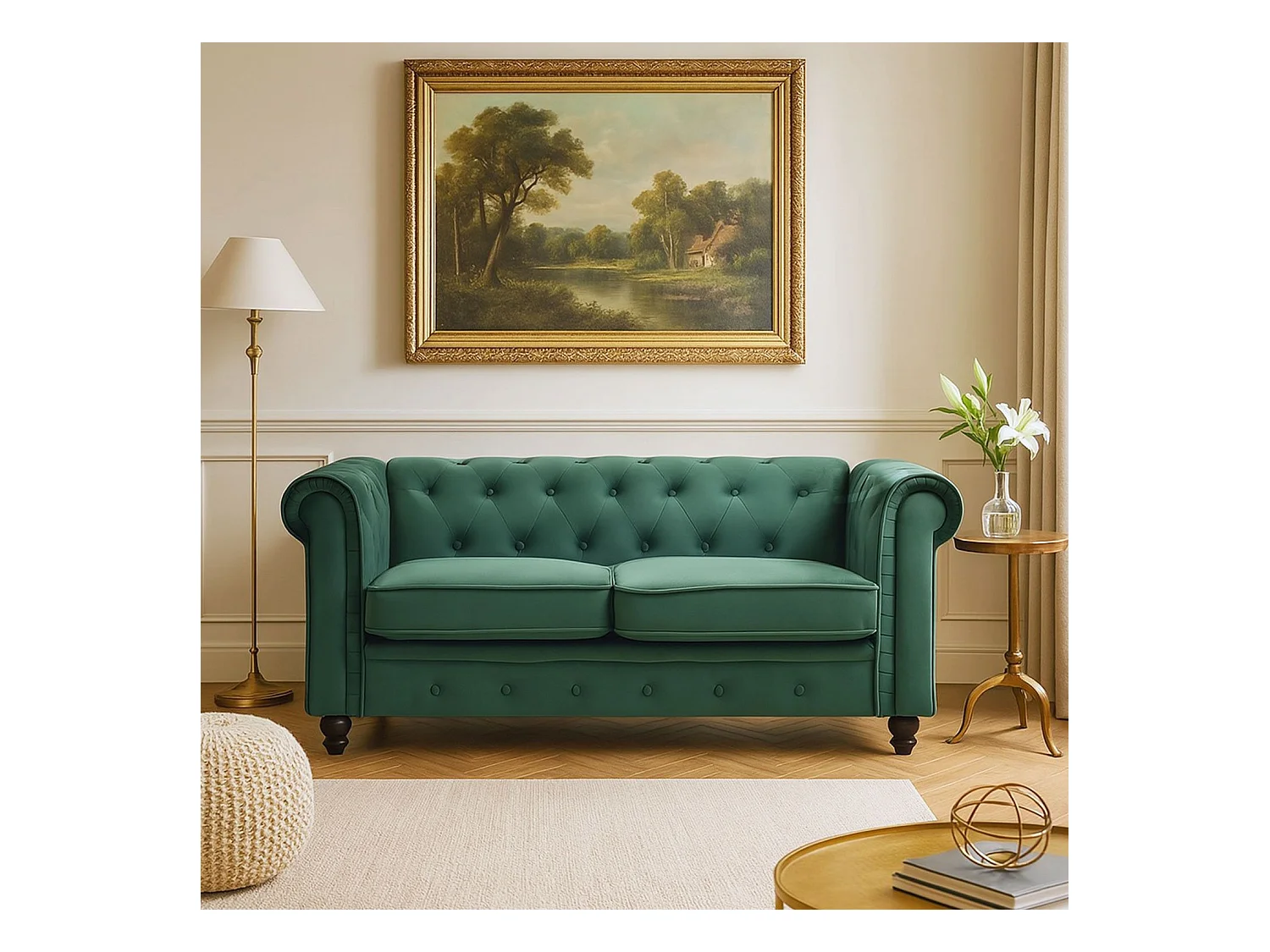 Canapé 2 Places Velours "Chesterfield" 157cm Vert