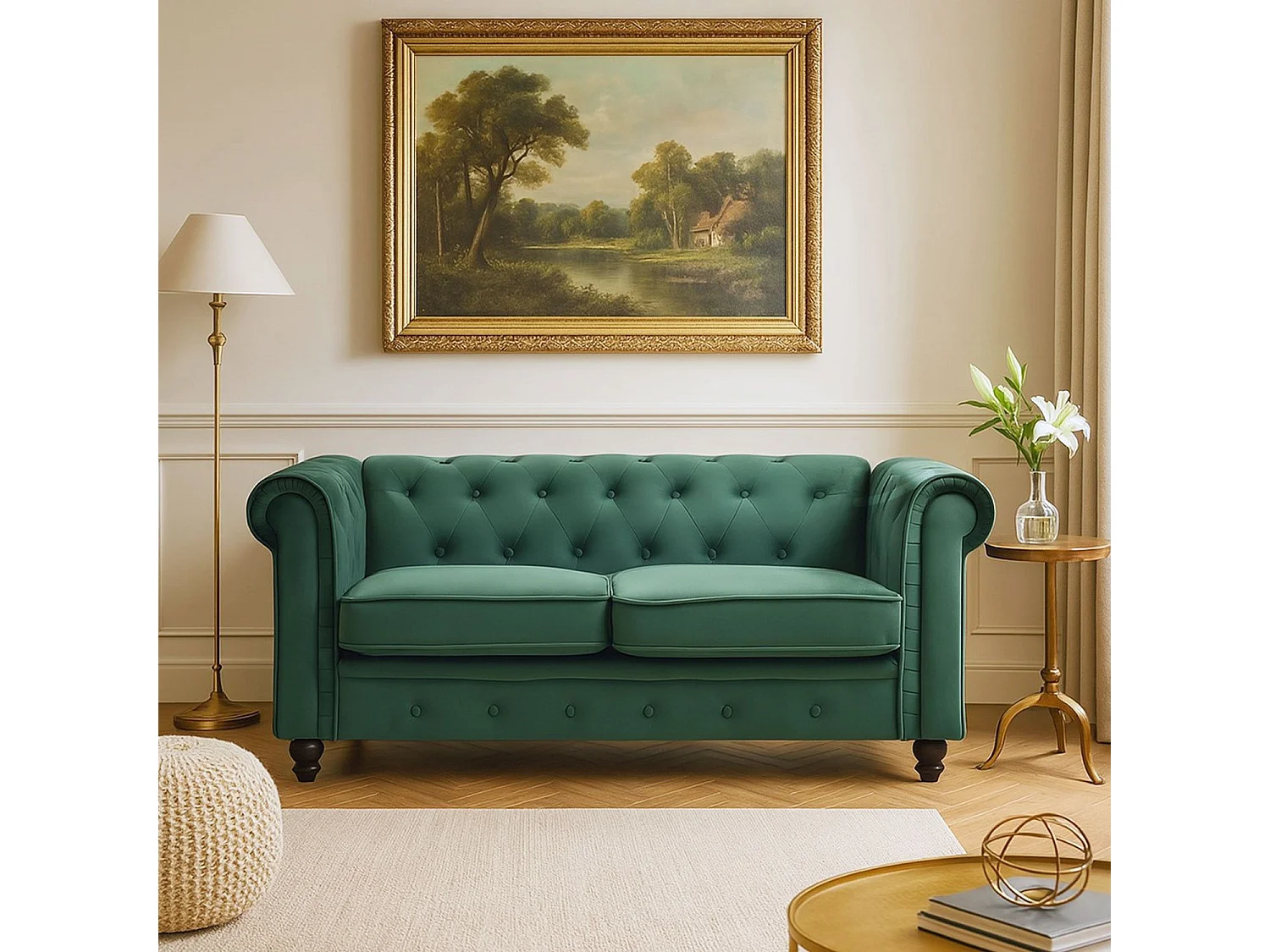Canapé 2 Places Velours "Chesterfield" 157cm Vert
