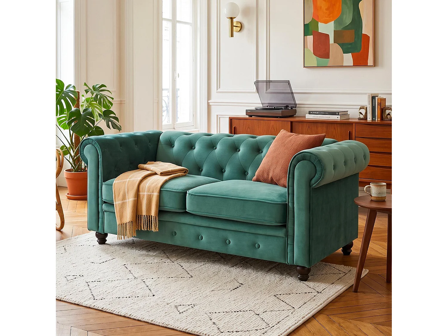 Canapé chesterfield 2 places en velours capitonné vert